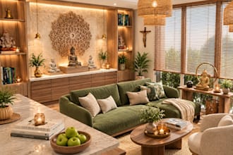 design 3d meditation temple , atar interiors with photorealistic rendering