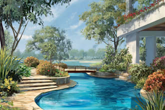 design landscape, home garden, pool, patio, villa landscape
