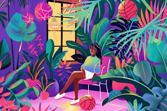illustrate you and plants, colorful, flat art, pop art