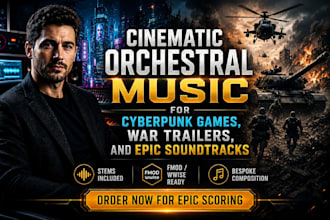 compose cinematic orchestral music for cyberpunk games, war trailers soundtracks