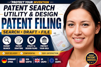 patent search and research patent writing design and utility patent filing