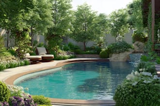 backyard landscape design, pool, garden as a landscape