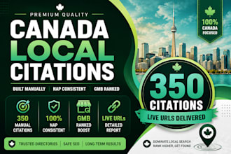 350 canada local citations built manually nap consistent, gmb ranked, live URL