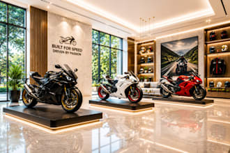 design a photorealistic 3d luxury bike showroom and motorcycle dealership render