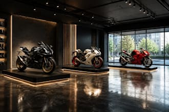 design a photorealistic 3d luxury bike showroom and motorcycle dealership render