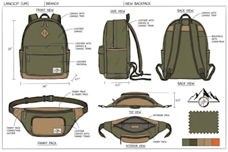 model 3d bags, handbag, backpack, fashion bag 2d tech pack drawing and render