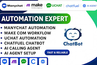 create chatbot with manychat, chatfuel, uchat, n8n, fix manychat, make com