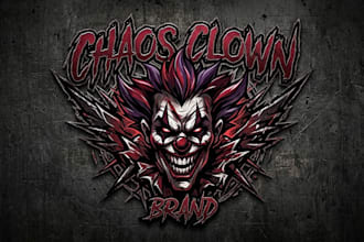 design a bold dark clown inspired chaos logo for your brand