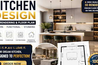 design modern kitchen interior in 3d with realistic render for hotel, restaurant