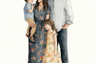 merge photos to watercolor family portrait illustration