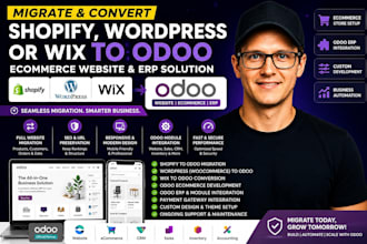 migrate, convert wordpress woocommerce shopify wix website to odoo erp system