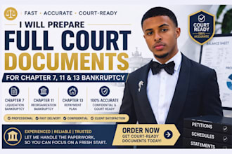 prepare full court documents for chapter 7, 11 and 13 bankruptcy