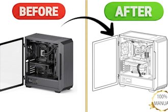 create a detailed gaming PC line art illustration