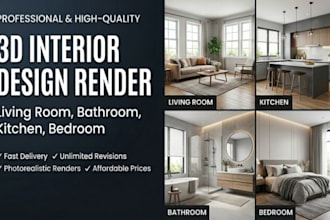 3d interior design render, livingroom, bathroom, bedroom, kitchen