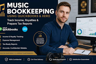 do music bookkeeping using quickbooks, track income, royalties, prepare tax rep