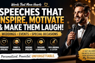 write persuasive, motivational or funny speeches for weddings and events