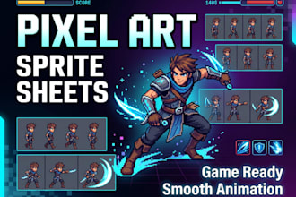 create pixel art sprite sheet character animation and 2d game assets
