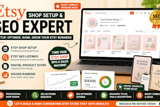 setup design etsy shop SEO listings and digital product shop store design