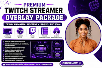 design animated twitch streamer obs bot overlay package twitch logo panel emotes