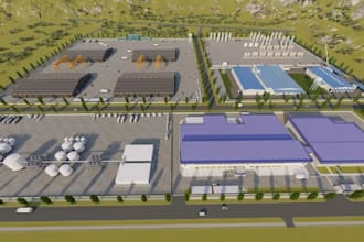design industrial building,warehouse site visual, steel factory building render