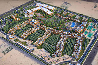 design sustainable landscape, masterplan rendering, site layout,desert farmhouse
