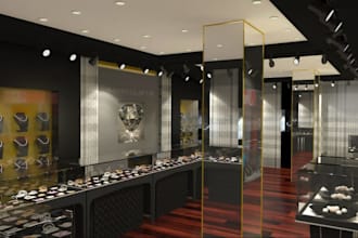 design luxury jewelry store interior, gold shop, elegant showroom