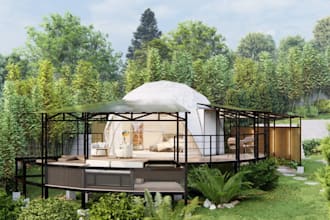 interior glamping dome design, tiny house,glamping resort, outdoor cabana render