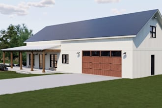 design 3d modern farmhouse, rustic barn house, barndominium rendering