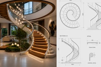 do modern 3d staircase, spiral stairs and handrail render