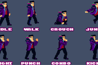 create custom pixel art sprite animation, character sprite sheet for game sprite