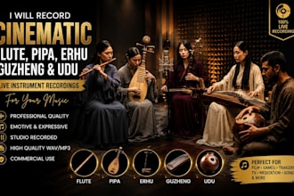 record cinematic flute, pipa, erhu, guzheng and udu