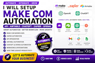 setup make com automation, API integration, airtable, chatgpt and zapier