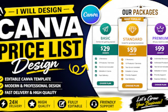 design a canva price table, pricing menu design, canva price list, infographic