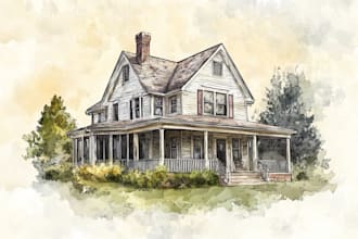 handmade watercolor painting of house