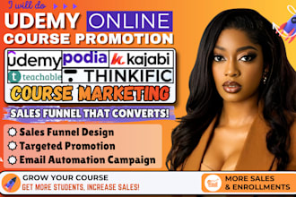 do udemy online course promotion, podia thinkific course marketing sales funnel