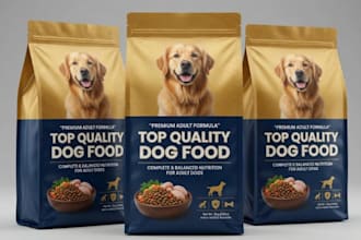 design pet food label design, cat food pouch and dog supplement packaging