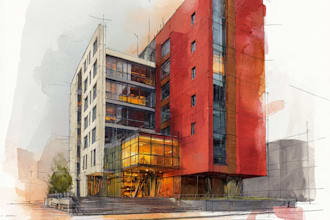 draw architectural sketches of buildings with watercolor