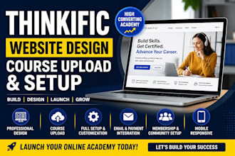 do thinkific website design, upload course and setup online academy