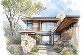 hand drawn digital watercolor architectural art