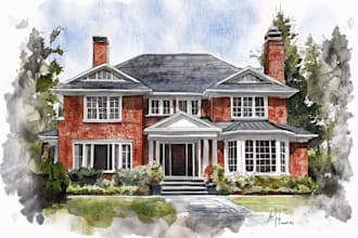 handmade watercolor painting of house
