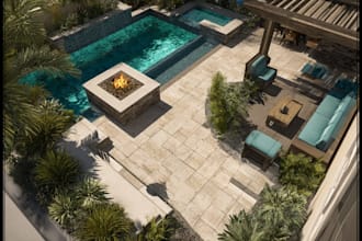 design landscape, terrace, backyard, pool, and patio