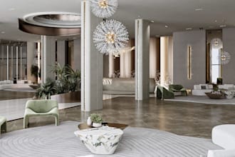 design and render hotel restaurant, receptionist office, sleek workspace, lobby