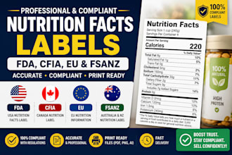 create fda, cfia, eu and fsanz nutrition facts labels