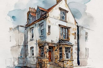 sketch architecture building or houses with watercolour