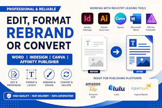 edit format rebrand or convert word document,indesign, canva,affinity publisher