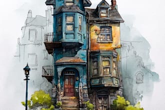 create a handmade watercolor house painting