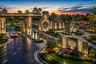 design township gate, park, 3d fence entrance, monument, landscape visualization