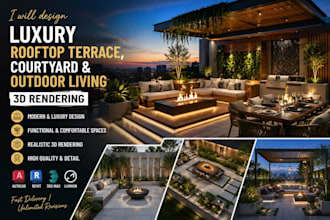 design luxury rooftop terrace, courtyard and outdoor living 3d rendering