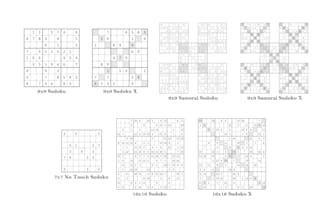 create 200 original sudoku styles 7x7 9x9 16x16 samurai with x variants and more