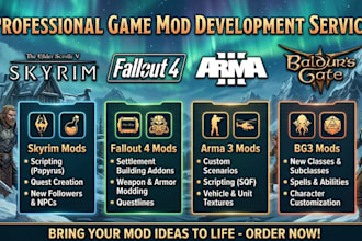 develop custom mods for skyrim, fallout 4, bg3 and arma 3 game